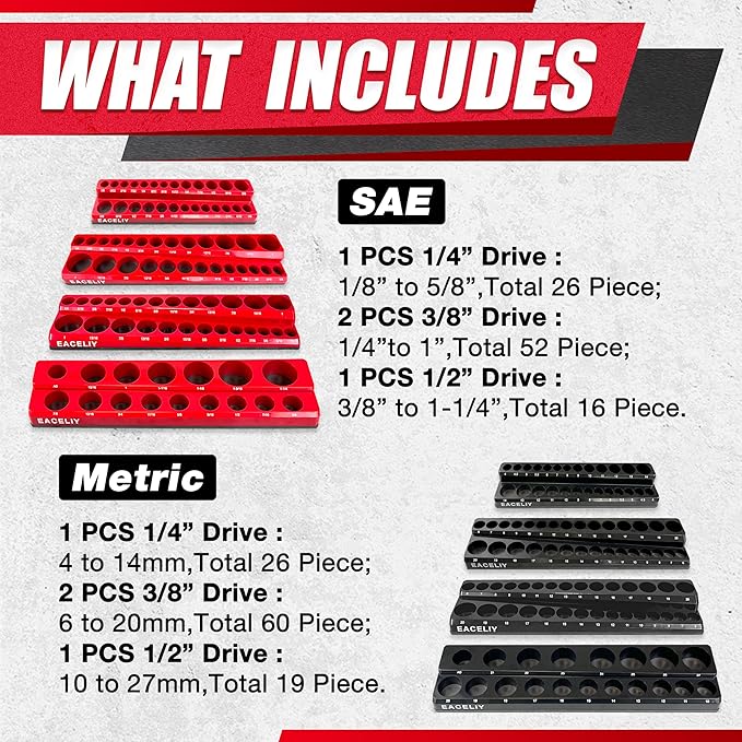8Pcs Magnetic Socket Organizer Set, 1/2", 1/4" and 3/8" SAE & Metric Deep & Shallow Tools Tray Holder Kit, holds 199pcs Sockets (sockets not included) (8PC 1/2&3/8&1/4)