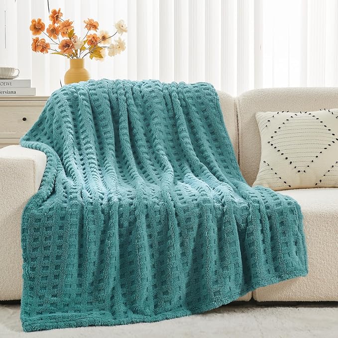 NEWCOSPLAY 3D Waffle Checkered Flannel Queen Blanket, Light Teal, 90"x90" | Super Soft Cute Lightweight Decorative Premium Silky Fleece Blanket for Couch Sofa Bed, Gift for Women Men, All Season Use