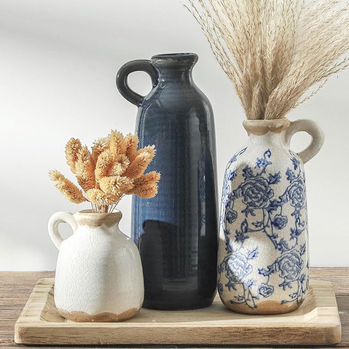 Ceramic Vase Set of 3 with Handle, Vintage Rustic Vases Home Decor Farmhouse Decorative Vase Pottery Decor Modern for Table Mantel Entryway Bookshelf Living Room Kitchen Bedroom - Blue
