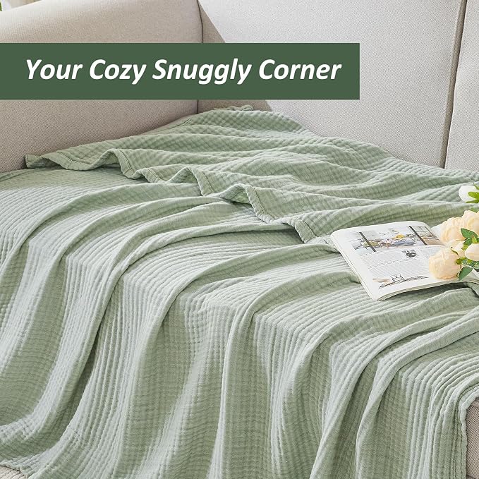 EMME Cotton Muslin King Blanket Bed Layering Bedspread Coverlet Breathable Gauze Soft Lightweight (Heather Sage Green, 108"x90")