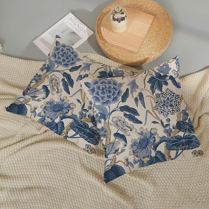 Blue Pillow Covers 24x24 Inch Set of 2 Vintage Blue Floral Throw Pillows Chinoiserie Flower Decorative Pillow Cases Outdoor Linen Farmhouse Cushion Cover for Couch Home Sofa Bed Decorations