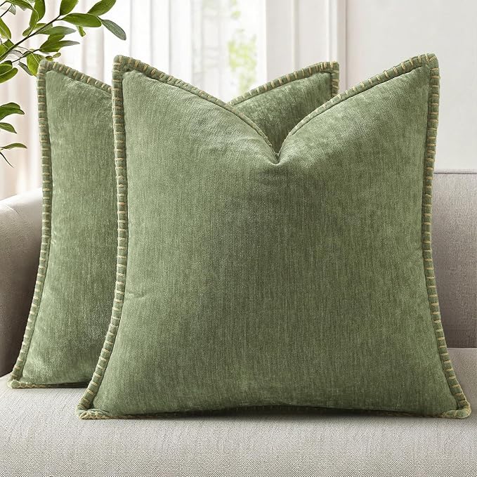 decorUhome Soft Chenille Throw Pillow Covers 24x24 Set of 2 Olive Green | Fall Textured Decorative Throw Pillow Cases Stitched Edge Modern Farmhouse Luxury Boho Velvet for Couch Sofa Bed Home Decor