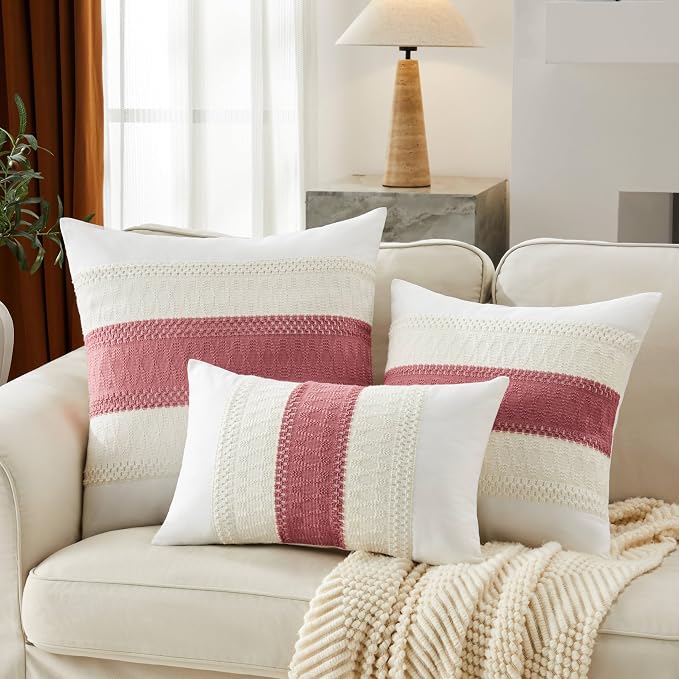 2pk Boho Pillow Covers 22x22, Natural White/Contrast/Dusty Pink | 100% Organic Cotton Body, Stripe Embroidery, Farmhouse Decorative Cushion Covers for Sofa Bed Living Room Home Decor