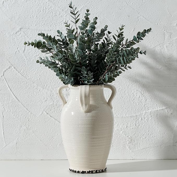 Vaseking White Ceramic Vase with 4 Handles, 10.16" Tall Retro Ice Cracked Flower Vase, Antique Vases for Modern Farmhouse Home Decor, Wedding, Living Room, Table, Shelf Decor, Cracked White
