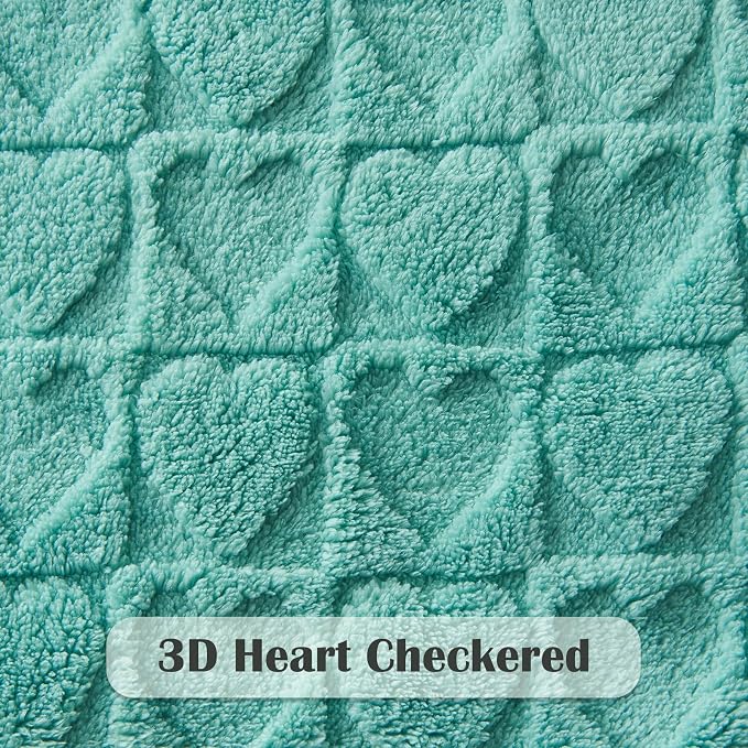 NEWCOSPLAY 3D Heart Checkered Flannel Queen Blanket, Sage Green, 90"x90" | Super Soft Cute Lightweight Decorative Premium Silky Fleece Blanket for Couch Sofa Bed, Gift for Women Men, All Season Use