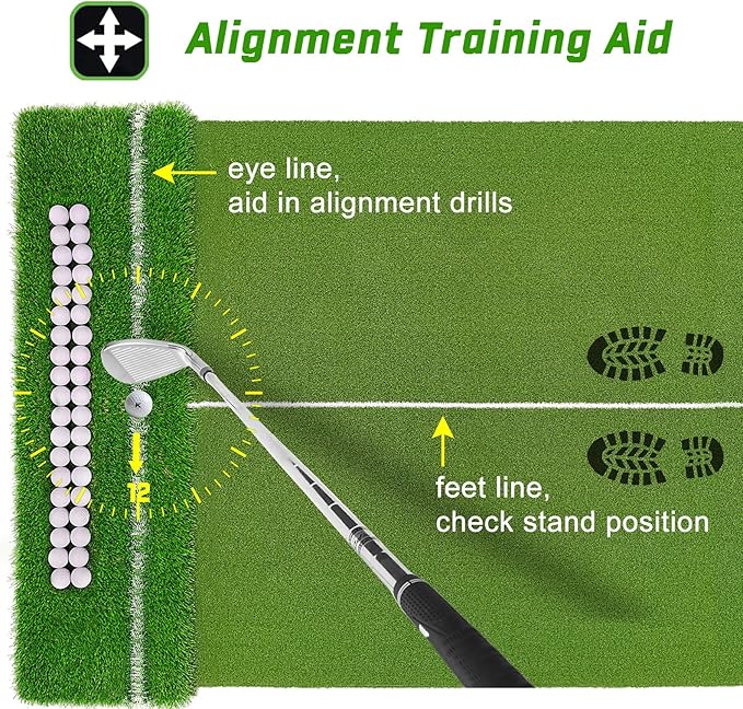 Dual-Turf 45/50MM Golf Hitting Mat, Built-in Ball Tray, Alignment Aid, Golf Mat Practice Outdoor & Indoor, Driving Chipping Putting in Backyard Garage Basement, Gift for Men Dad Golfer