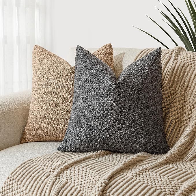 Foindtower Set of 2, Decorative Textured Boucle Throw Pillow Covers Accent Solid Pillow Cases Neutral Soft Cozy Couch Cushion Case for Chair Sofa Bedroom Living Room Home Decor 26 x 26 Inch Dark Grey