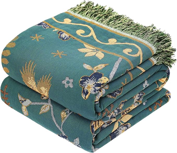VANJOROY Boho 100% Organic Cotton Muslin Large Throw Blanket 60" x 80" - All Season Rustic Ultra Soft Breathable Floral Bird Blanket for Bed Sofa Couch Chair Bedspread Quilt Gift,-Teal/Green