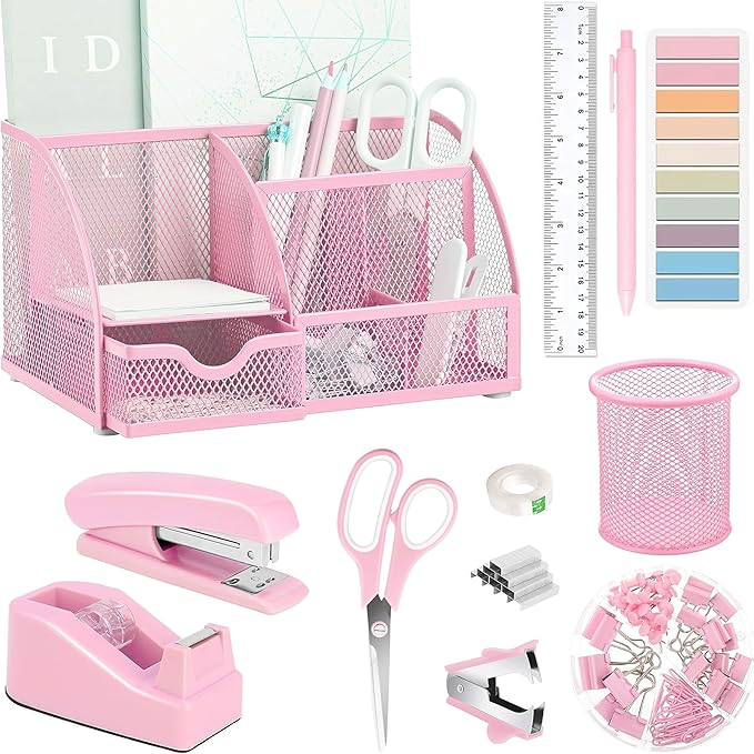 Pink Office Desk Accessories Supplies, 12pcs Desk Organizers and Accessories with Tape dispenser and Stapler,Staples,Staple Remover,Pen Holder,Scissor,Ruler,Sticky Tabs,Tape,Ballpoint Pen,Clips Set