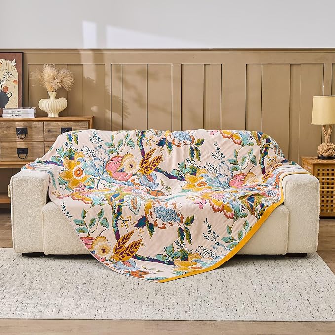XIBLC Boho Throw Blanket 100% Cotton Vintage Blanket Muslin Woven Flower Decorative Throw Blankets All Season Bohemian Rustic Farmhouse Decor Quilt for Bed (Yellow 60"x80")