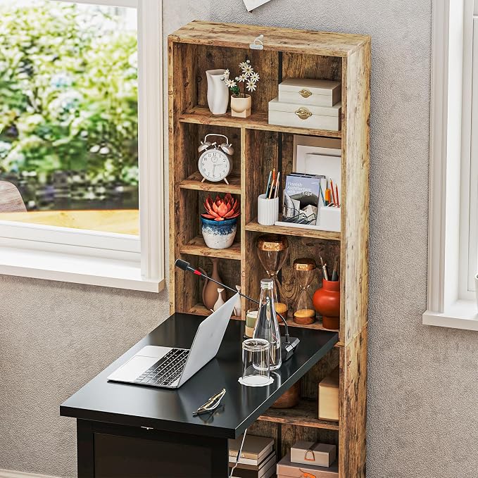 HOMCOM Foldable Desk Wall Mounted Convertible Table, Rustic Brown | Wall Mounted, Space-Saving, Chalkboard, Storage Shelves, for Small Spaces, Home Office, Bedroom, Dorm, Apartment