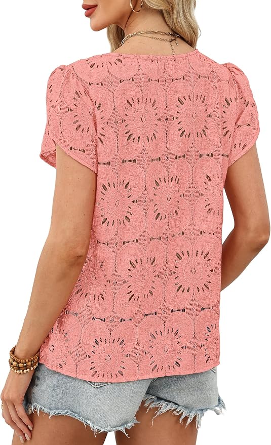 OFEEFAN Blouses for Women Dressy Casual Petal Short Sleeve Shirts Crochet Lace Boho Tops Spring Fashion Summer Outfits