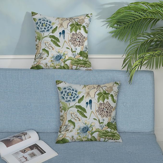 Baby Blue Green Pillow Covers 18x18 Inch Set of 2 Vintage Blue Floral Throw Pillows Chinoiserie Flower Decorative Pillow Case Outdoor Linen Farmhouse Cushion Cover for Couch Sofa Decorations
