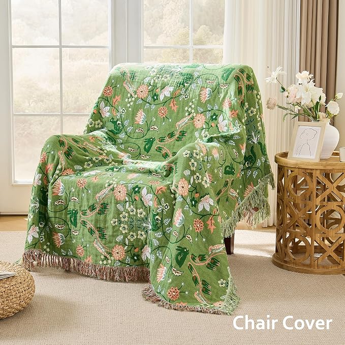 VANJOROY Boho Throw Blanket, 100% Organic Cotton Breathable Skin-Friendly Ultra Soft 60" x 80" Bed Quilt Green Throw - Floral Rustic Decor Luxury Reversible Blanket for Sofa Couch Chair and Gift,
