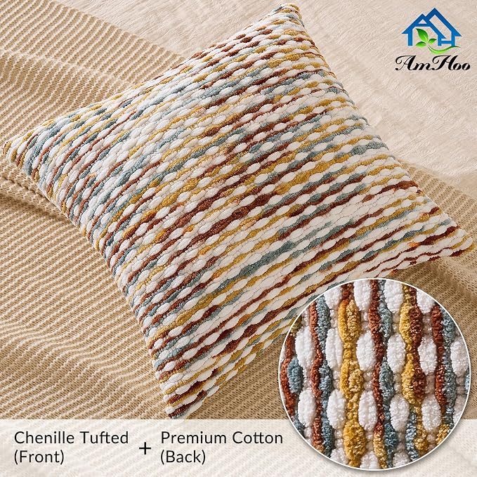 Set of 2 Boho Chenille Pillow Cover Decorative Tufted Pillowcase for Couch Bed Sofa Bedroom Living Room Modern 20 x 20-Inch Brown