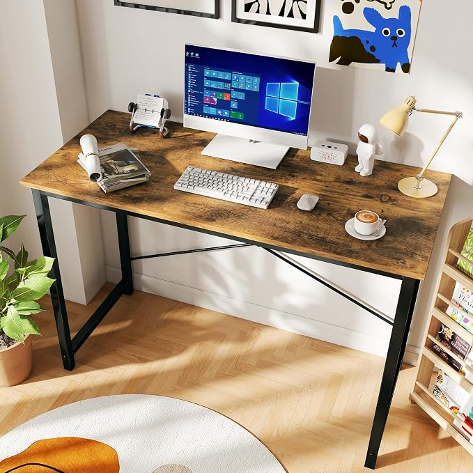 Sweetcrispy 44-Inch Small Computer Desk for Bedroom, Brown | Gaming Writing Work and Study Desk for Home Office, Sturdy Metal Frame and Compact Modern Design with X-Shaped
