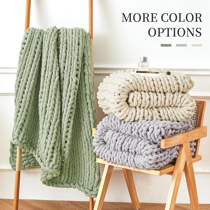 Chunky Knit Blanket Throw for Couch, 40"x50" Chunky Yarn Knitted Blankets | 100% Hand Knit Thick Chenille, Soft Breathable for Bed, Sofa, Home Decor, Cozy Gifts for Women Friends, Ivory