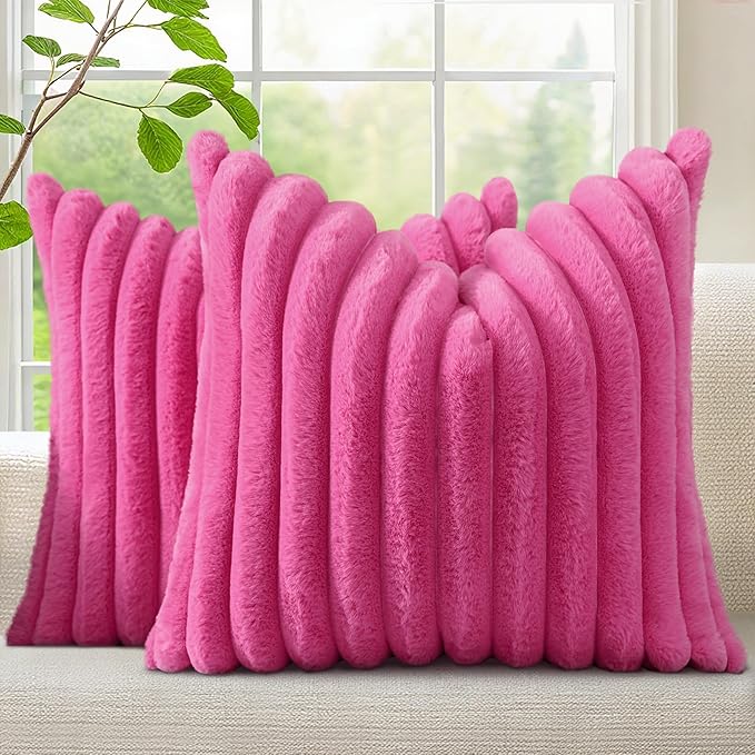 decorUhome Fall Faux Fur Throw Pillow Covers 18x18 Set of 2 Hot Pink | Decorative Soft Cozy Striped Plush Modern Farmhouse Boho Couch Pillow Cases Velvet Back for Sofa Bed Living Room Home Decor