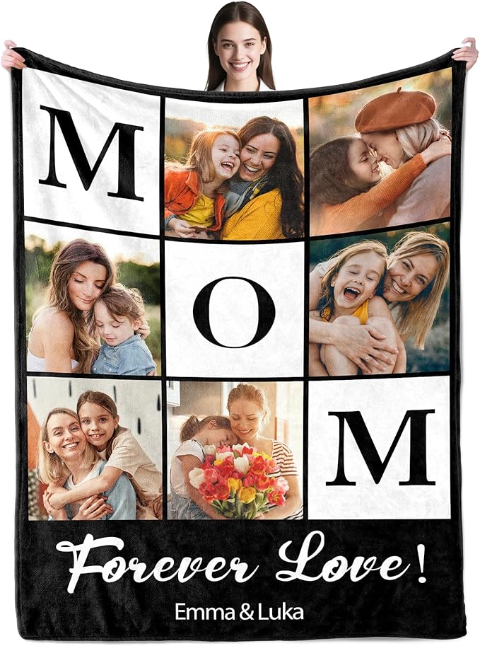 SHIPS NEXT DAY Personalized Mothers Day 2026 Gifts for Mom Wife Grandma Nana from Daughter Son Kids Husband Custom Blanket with Picture Photo Text Customized Blankets Christmas Birthday Gifts