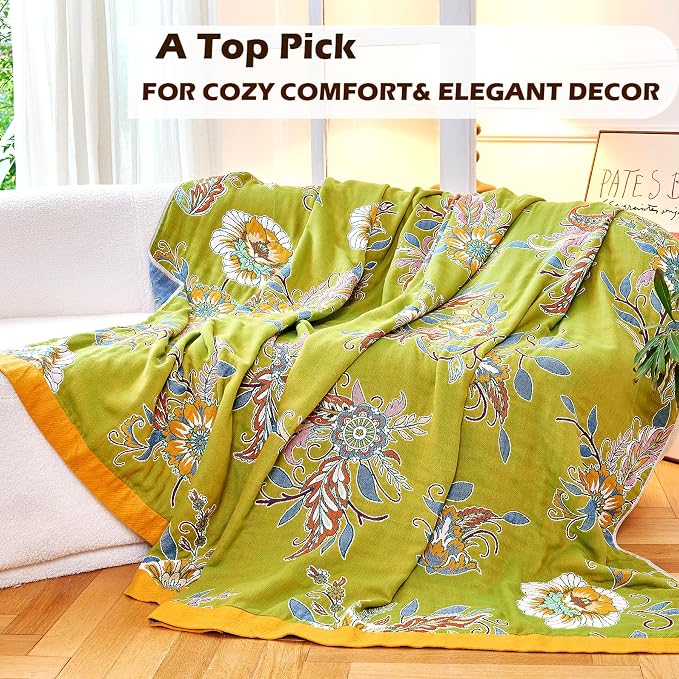 VANJOROY Boho Throw Blanket, 100% Organic Cotton Breathable Ultra Soft Bed Quilt Throw - All Season Luxury Floral Farmhouse Decor Blanket for Sofa Couch Chair and Gift. 91" x 98"-Green/Blue