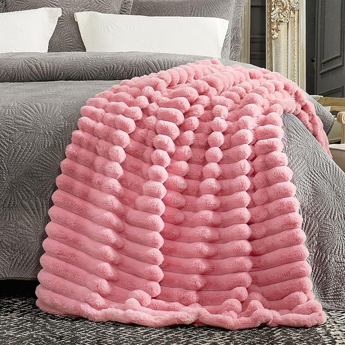 Cozy Bliss Faux Fur Throw Blanket for Couch, Cozy Warm Plush Striped Blanket for Sofa Bedroom Living Room, 50 * 60 Inches Hot Pink