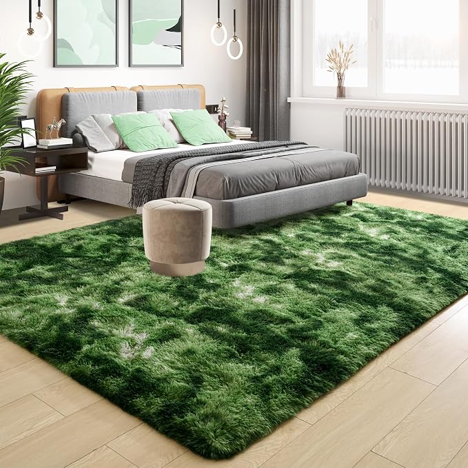 Tepook Fluffy Dark Green Rugs for Living Room Bedroom, 8x10 Soft Area Rug Tie-Dyed Forest Moss Green Kids Girls Boys Rug, Indoor Plush Shaggy Non-Slip Carpet for Nursery Classroom Dorm Home Decor