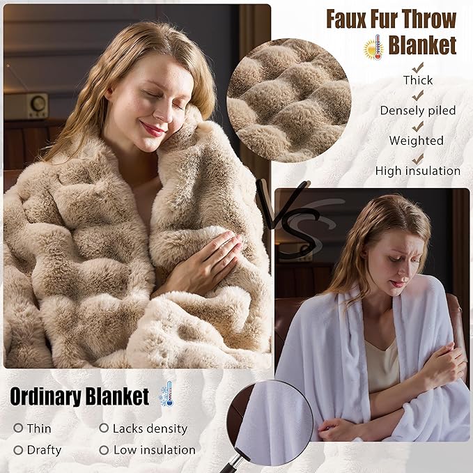 Faux Fur Throw Blanket for Couch, Fluffy Fuzzy Plush Bubble Blanket, Soft Warm Cozy Shaggy Rabbit Blanket, Luxury Decorative Gifts for Sofa Bedroom Living Room, 60x50inch (Naked Color)