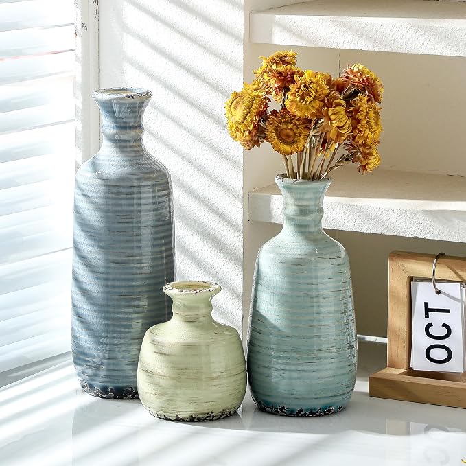 Ceramic Vase Set of 3, Rustic Neutral Vases Home Decor Farmhouse Decorative Flower Vase Modern Boho Pampass Vases for Table Mantel Entryway Shelf Living Room Kitchen Bathroom - Multicolor
