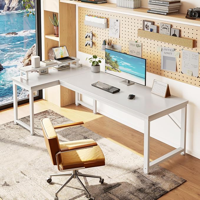 PRAISUN 53" L Shaped Computer Desk, Power Outlets, Monitor Stand, White | USB-C Ports, Reversible Charging Station, Spacious Desktop & Legroom, 0.94 Inch Thick Desktop, for Gaming, Study & Work