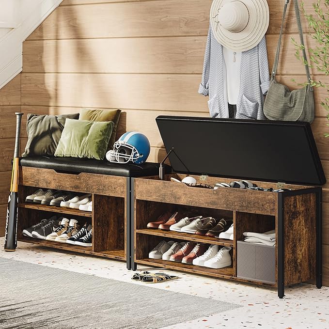 Shoe Bench, Lift Top Shoe Storage Bench, Adjustable Shelf Entryway Bench, Metal and Wood Shoe Rack Organizer with Cushion for Entry, Bedroom, Closet, Living Room, Hallway (Brown, 35.5“W)