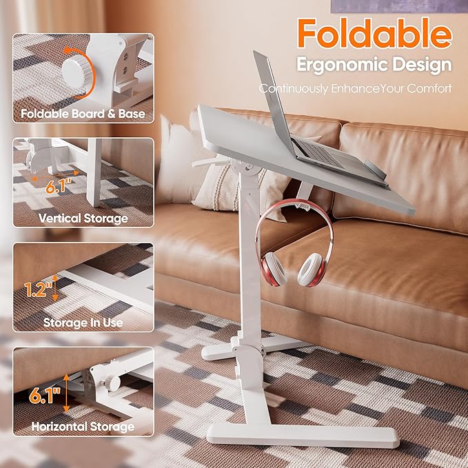 Monomi 25“ Mobile Folding Desk,Pneumatic Sit-Stand Table,No Assembly,White | Height Adjustable Rolling Laptop Desk,Space-Saving Portable Small Desk with Wheels,Ideal for Home Office,Craft & Study