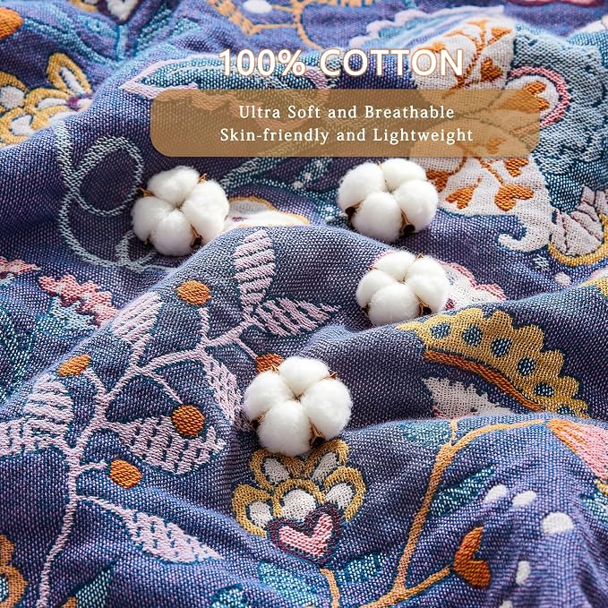 Boho Throw Blanket Farmhouse Decor Throw Blanket Bohemian Blanket for Bed 100% Cotton Muslin Woven Couch Blanket All Seasons Quilt Bedroom (H-Purple, 80"x90")