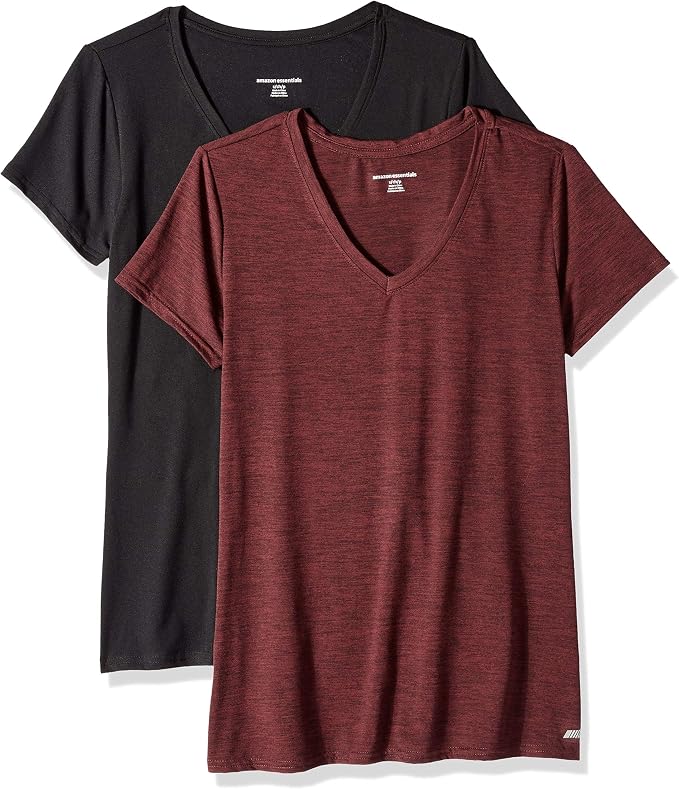 Amazon Essentials Women's Active Quick Dry Tech Stretch Short-Sleeve V-Neck T-Shirt (Available in Plus Size), Pack of 2