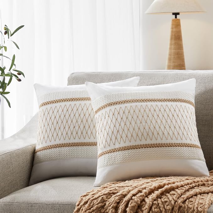 2pk Boho Pillow Covers 18x18, Natural White/Grid/Brown | 100% Organic Cotton Body, Stripe Embroidery, Farmhouse Decorative Cushion Covers for Sofa Bed Living Room Home Decor