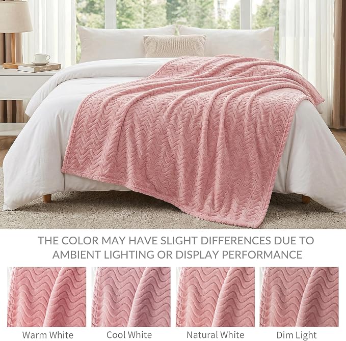 Exclusivo Mezcla Large Fleece Throw Blanket for Couch, Sofa, Pink | 50"x70" Soft Breathable Lightweight Flannel Throws for Summer, Plush Cozy Jacquard Wave Blanket for Home Decor