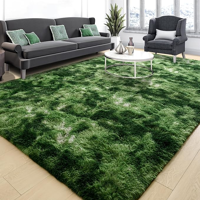 Tepook Fluffy Dark Green Rugs for Living Room Bedroom, 4x6 Soft Area Rug Tie-Dyed Forest Moss Green Kids Girls Boys Rug, Indoor Plush Shaggy Non-Slip Carpet for Nursery Classroom Dorm Home Decor