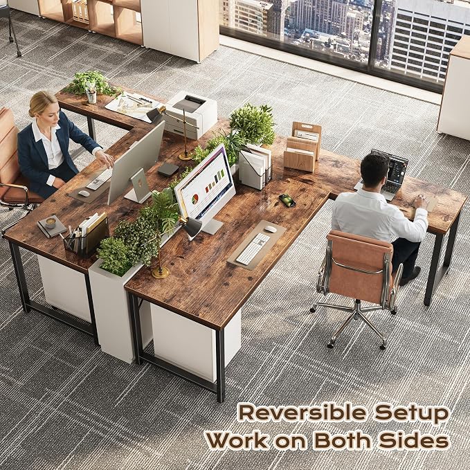 Huuger 63 Inch L Shaped Desk with 0.95 Inch Thicker Desktop, Reversible Computer Desk, Larger Corner Office Gaming Desk, Robust Metal Frame, for Home Office, Rustic Brown