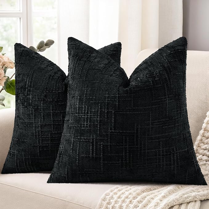 decorUhome Textured Chenille Throw Pillow Covers 20x20 Set of 2 Black | Fall Modern Farmhouse Soft Cozy Slubby Couch Pillow Cases Boho Decorative Pillow Cases for Bed Sofa Living Room Home Decor