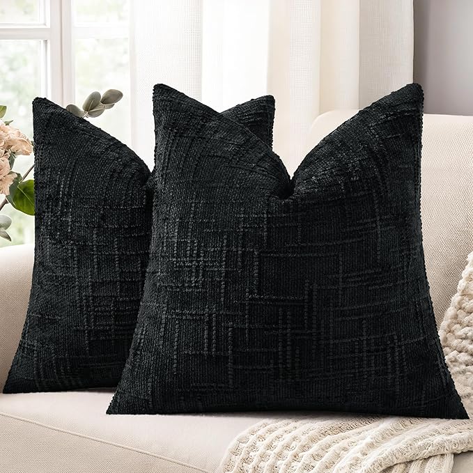 decorUhome Textured Chenille Throw Pillow Covers 18x18 Set of 2 Black | Fall Modern Farmhouse Soft Cozy Slubby Couch Pillow Cases Boho Decorative Pillow Cases for Bed Sofa Living Room Home Decor