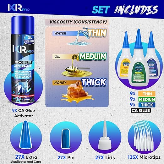 CA Glue with Activator Kit (27x1.75 oz. Thin-Medium-Thick + 9x16.9 fl.oz.) Cyanoacrylate Glue and Activator, Super Glue Accelerator, Super Glue for Wood, Woodworking, Plastic, Guitar, 3D Printing