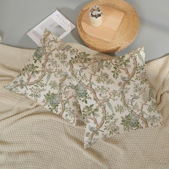 Green Floral Bird Pillow Covers 16x16 Set of 2 Chinoiserie Throw Pillows Green Vintage Flowers Bird Decorative Pillow Cases Outdoor Chinoiserie Decor Farmhouse Cushion Case for Couch Sofa
