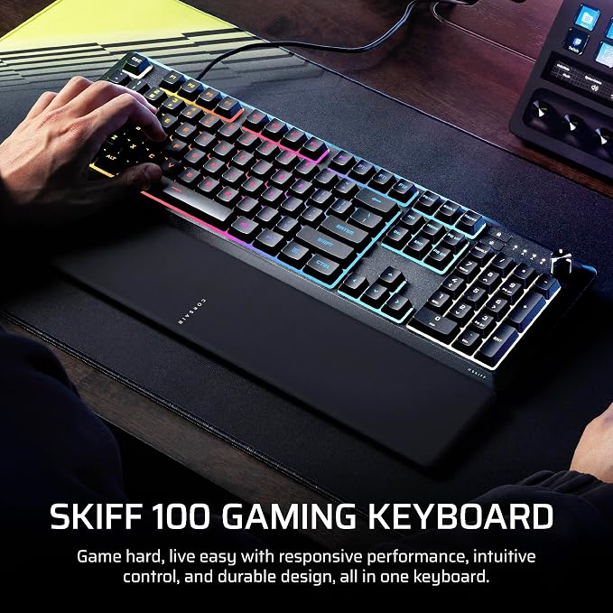 Corsair Skiff 100 Quiet RGB Wired Membrane Gaming Keyboard – QWERTY US, IP53 Spill & Dust Resistant, Responsive Keys, Media Dial – Black