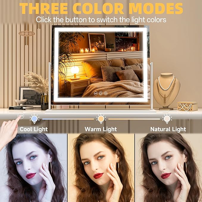 Vanity Mirror with Lights, 24'' x 20'' Lighted Makeup Mirror, Touch Screen with 3-Color Lighting, Dimmable for Vanity Desk Tabletop Square White