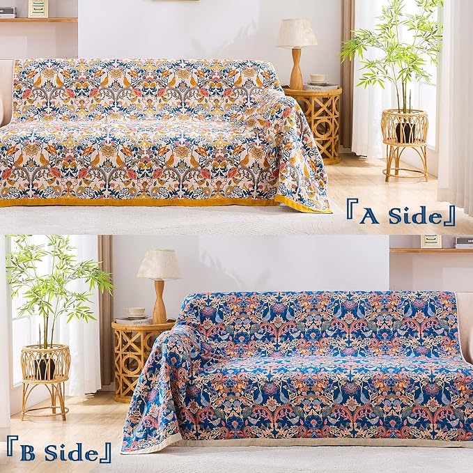 XIBLC Boho Blanket Throw Quilt, 100% Cotton Soft Light Weight Throw Blankets for Summer, 90"x98" Farmhouse Flower Decorative Blankets, All Season Rustic Reversible Bohemian Throw Quilt