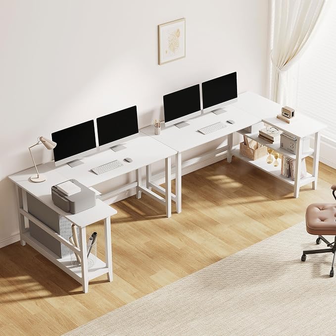 IOTXY Reversible L-Shaped Office Desk - 45" Compact Corner Computer Table with Storage Shelves, Solid Wood Legs, Writing & Study Workstation for Small Spaces, White