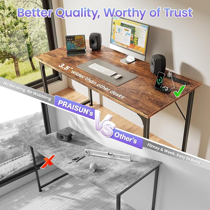 PRAISUN 47 X 20 Inch Computer Desk, Power Outlets, USB-C, Rustic Brown | Office Desk with 4 AC Outlets, USB & USB-C, Sturdy Metal Frame, Spacious Desktop for Work, Writing, Study & Gaming