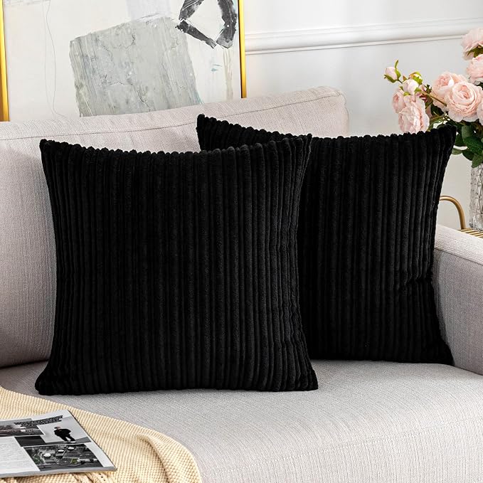 UGASA Corduroy Striped Soft Soild Decorative Square Throw Pillow Covers Set Cushion Cases Pillowcases for Sofa Bedroom, 1 Pc, 24x24inch, Black