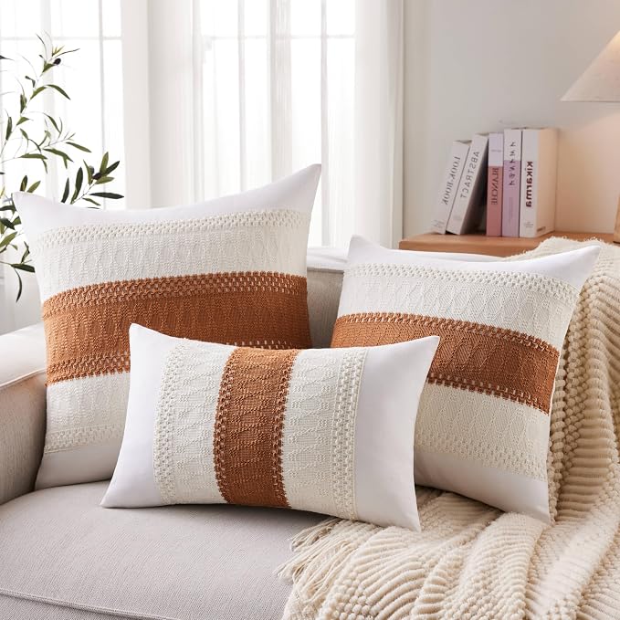 2pk Boho Pillow Covers 24x24, Natural White/Contrast/Caramel | 100% Organic Cotton Body, Stripe Embroidery, Farmhouse Decorative Cushion Covers for Sofa Bed Living Room Home Decor