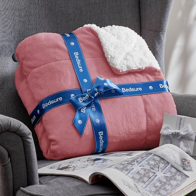 Bedsure GentleSoft Sherpa Fleece Blanket Queen Size for Bed, Non-Heated, Thick and Warm Throw for Women and Men, Soft Fuzzy Plush Queen Blanket for Winter, Dusty Rose, 90x90 Inches