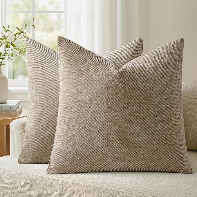 a moment Pack of 2 Decorative Chenille Throw Pillow Covers with Twill Cushion Covers for Sofa Living Room Couch Bed 22x22 Inch Light Brown